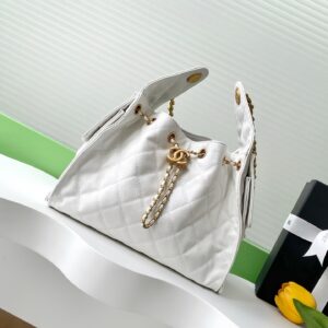 Chanel Drawstring Bucket Bag in White Quilted Caviar