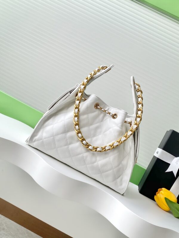 Chanel Drawstring Bucket Bag in White Quilted Caviar - Image 8