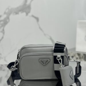 Small grey crossbody bag in Re-Nylon and Saffiano