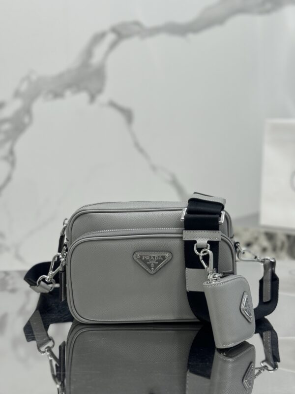 Small grey crossbody bag in Re-Nylon and Saffiano