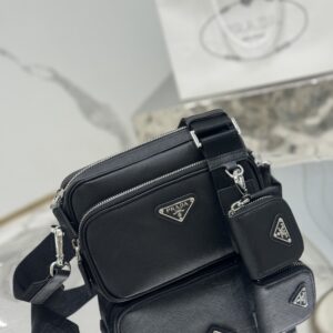 Small black crossbody bag in Re-Nylon and Saffiano