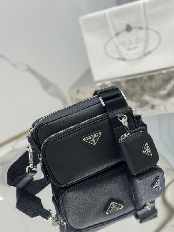 Small black crossbody bag in Re-Nylon and Saffiano