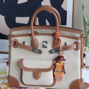 Hermès Birkin Cargo 25 Ecru Canvas and Caramel Leather with Palladium Hardware