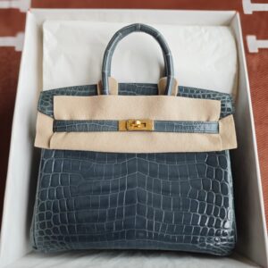 Hermès Birkin 25 Bleu de Nuit Shiny Porosus Crocodile with Gold Hardware