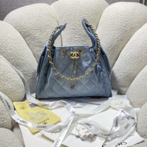 Chanel Quilted Denim Drawstring Bucket Bag