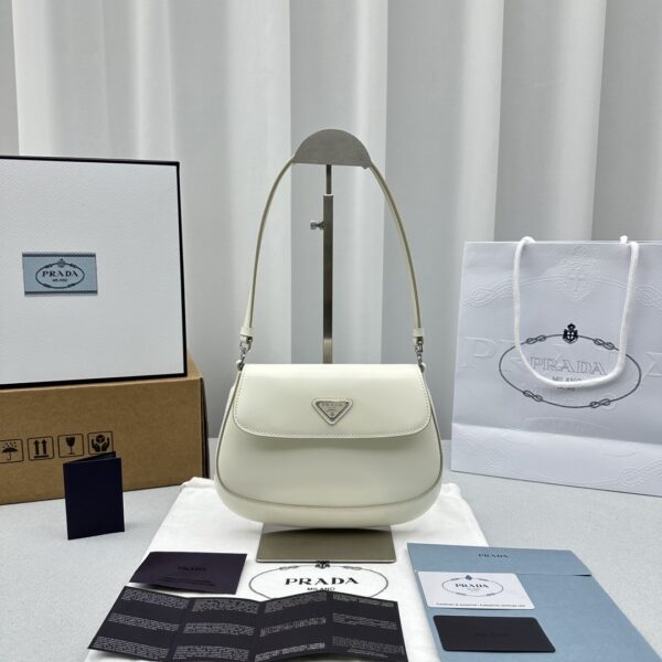 White Prada Crescent Leather Shoulder Bag